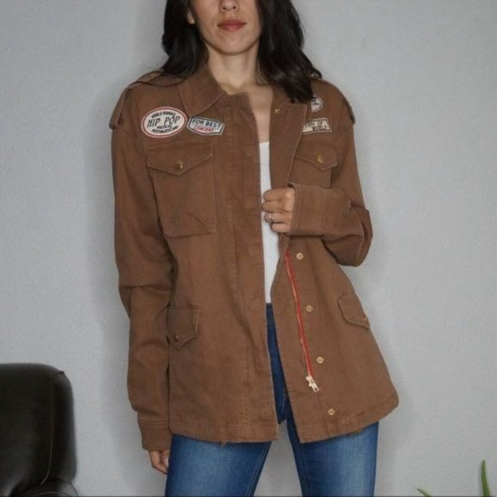 Brown Oversized Jean Jacket with Patches Zipper & Snap Button Closure Size M - Picture 3 of 11